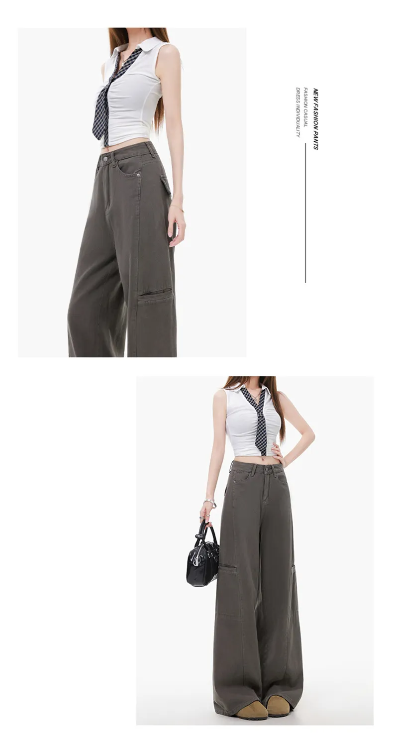 Women's Grey Wide Leg Cargo Pants Spring 2026 New Loose Straight Fit Denim Jeans for Casual Streetwear showcase 7
