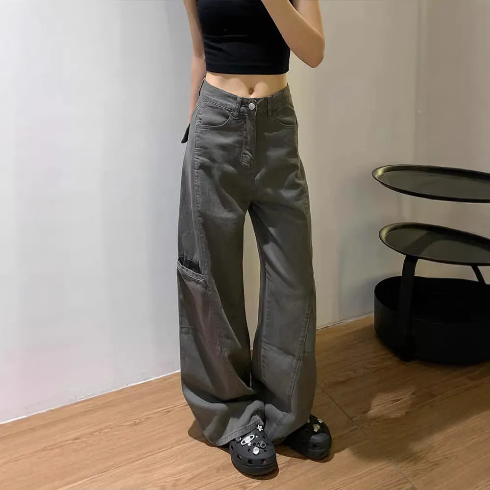 Women's Grey Wide Leg Cargo Pants Spring 2026 New Loose Straight Fit Denim Jeans for Casual Streetwear - Image 2