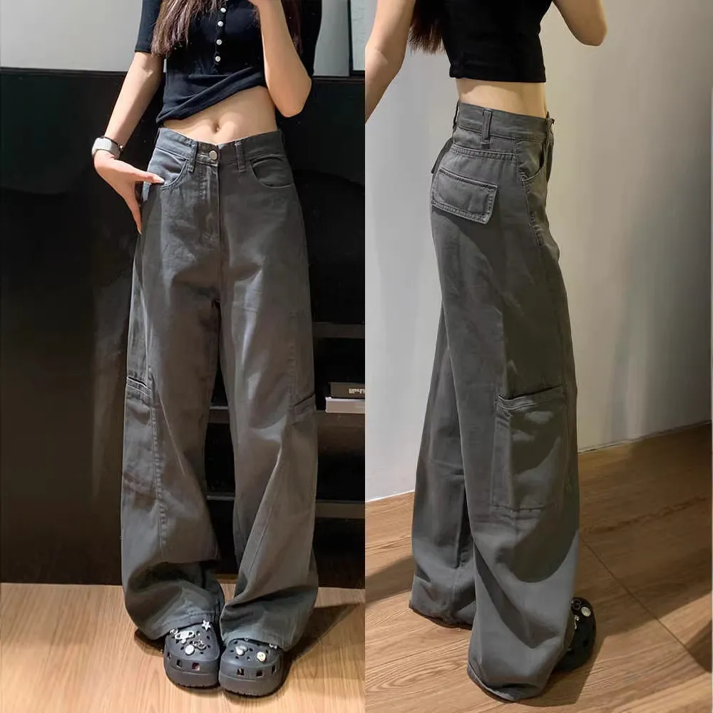 Women's Grey Wide Leg Cargo Pants Spring 2026 New Loose Straight Fit Denim Jeans for Casual Streetwear - Image 1