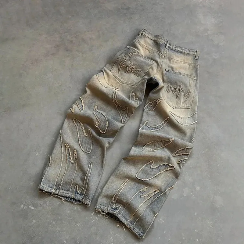 Men's Retro Leopard Print Wide Leg Jeans - Trendy High Street Loose Fit Straight Casual Long Pants for Streetwear showcase 19