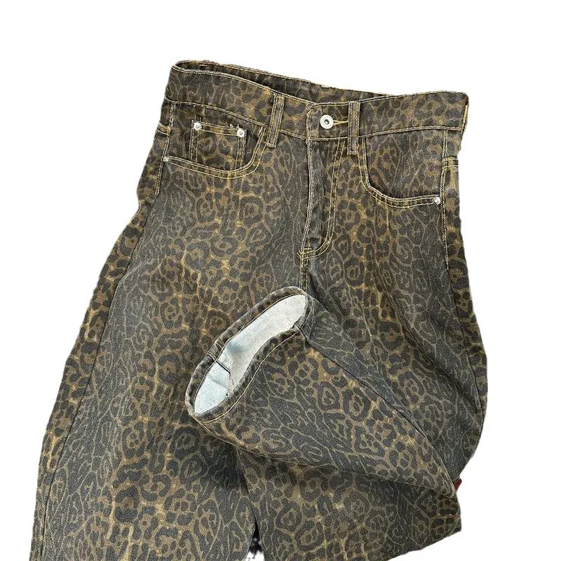 Men's Retro Leopard Print Wide Leg Jeans - Trendy High Street Loose Fit Straight Casual Long Pants for Streetwear thumbnail 5