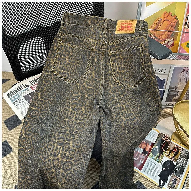 Men's Retro Leopard Print Wide Leg Jeans - Trendy High Street Loose Fit Straight Casual Long Pants for Streetwear showcase 8