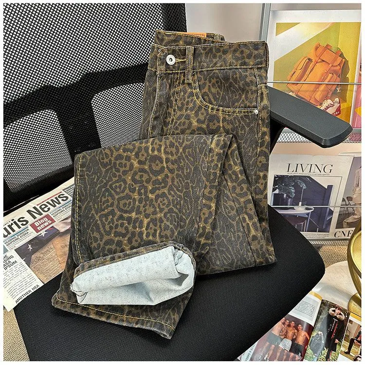 Men's Retro Leopard Print Wide Leg Jeans - Trendy High Street Loose Fit Straight Casual Long Pants for Streetwear showcase 12