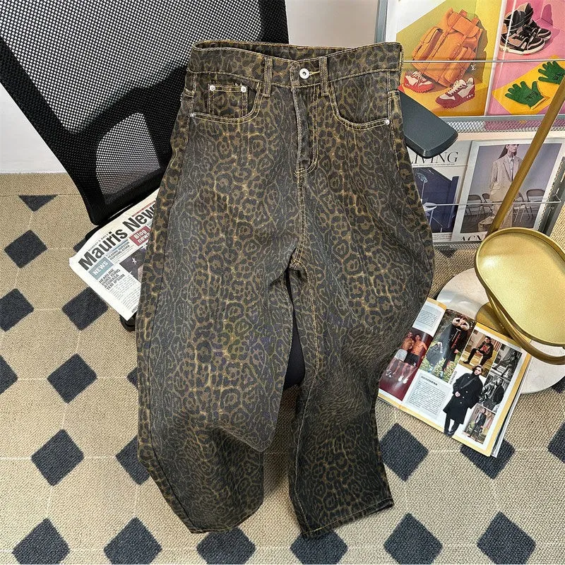 Men's Retro Leopard Print Wide Leg Jeans - Trendy High Street Loose Fit Straight Casual Long Pants for Streetwear thumbnail 9