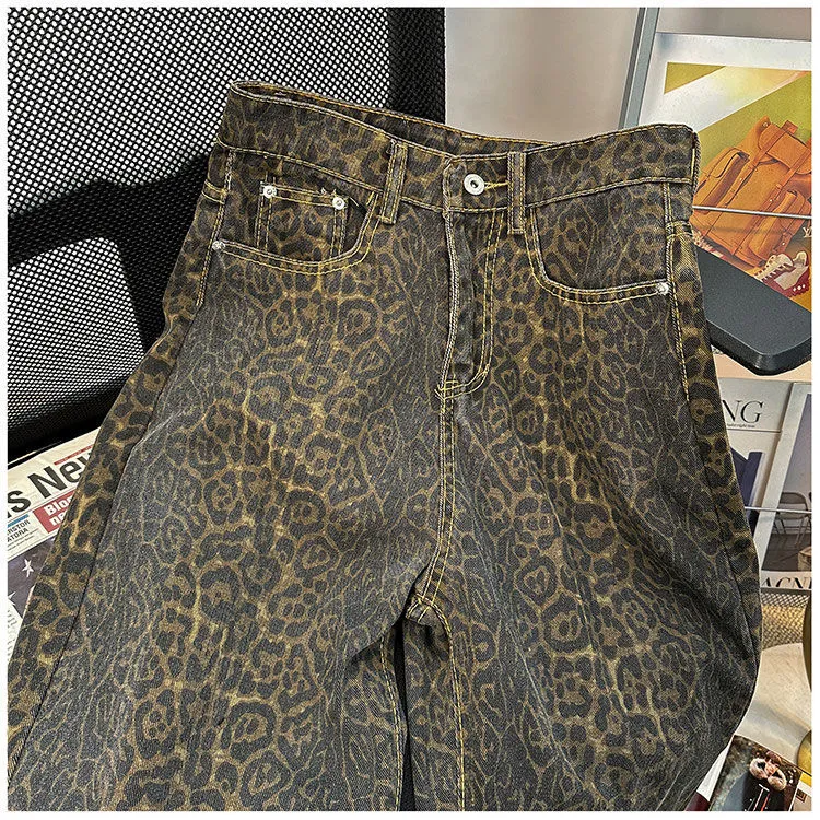Men's Retro Leopard Print Wide Leg Jeans - Trendy High Street Loose Fit Straight Casual Long Pants for Streetwear showcase 3