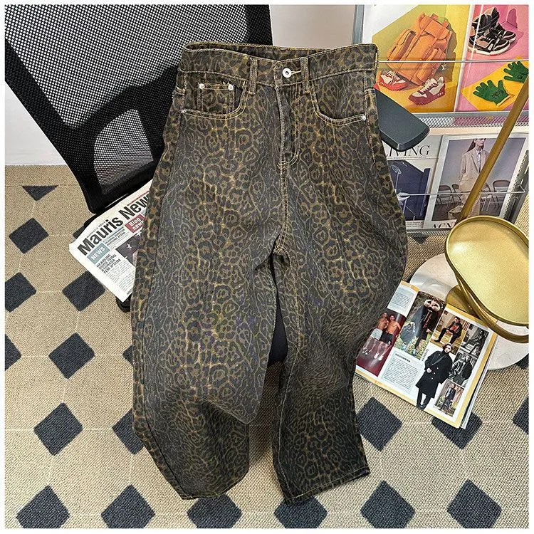 Men's Retro Leopard Print Wide Leg Jeans - Trendy High Street Loose Fit Straight Casual Long Pants for Streetwear showcase 2