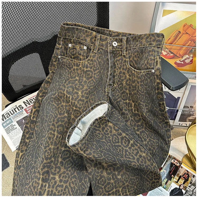 Men's Retro Leopard Print Wide Leg Jeans - Trendy High Street Loose Fit Straight Casual Long Pants for Streetwear showcase 7