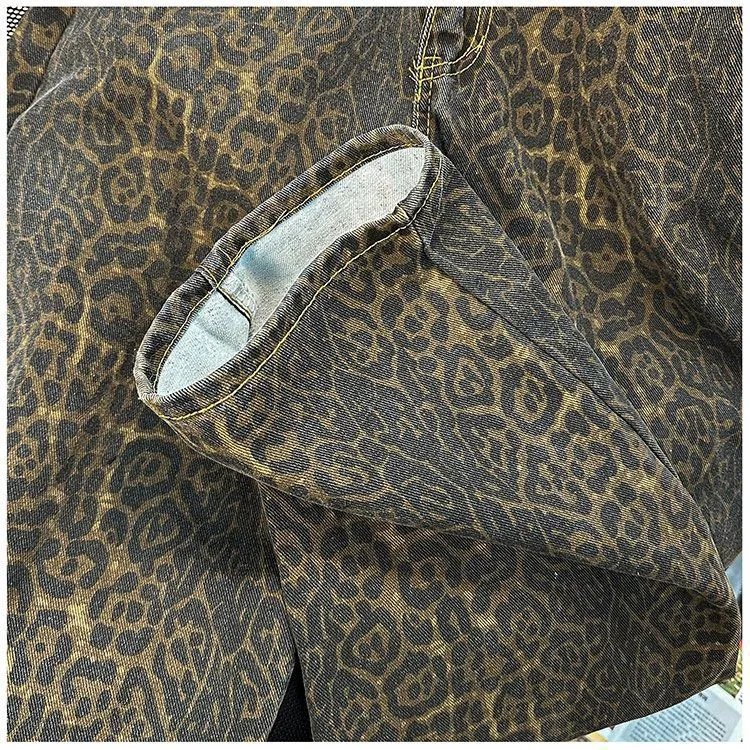 Men's Retro Leopard Print Wide Leg Jeans - Trendy High Street Loose Fit Straight Casual Long Pants for Streetwear showcase 6