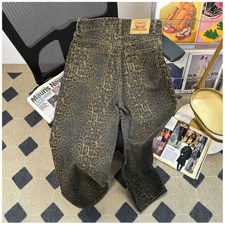 Men's Retro Leopard Print Wide Leg Jeans - Trendy High Street Loose Fit Straight Casual Long Pants for Streetwear showcase 10