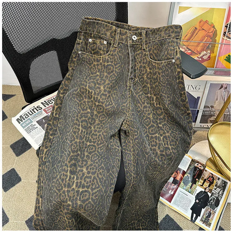 Men's Retro Leopard Print Wide Leg Jeans - Trendy High Street Loose Fit Straight Casual Long Pants for Streetwear showcase 5