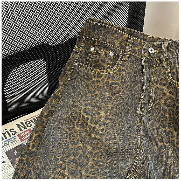 Men's Retro Leopard Print Wide Leg Jeans - Trendy High Street Loose Fit Straight Casual Long Pants for Streetwear showcase 4