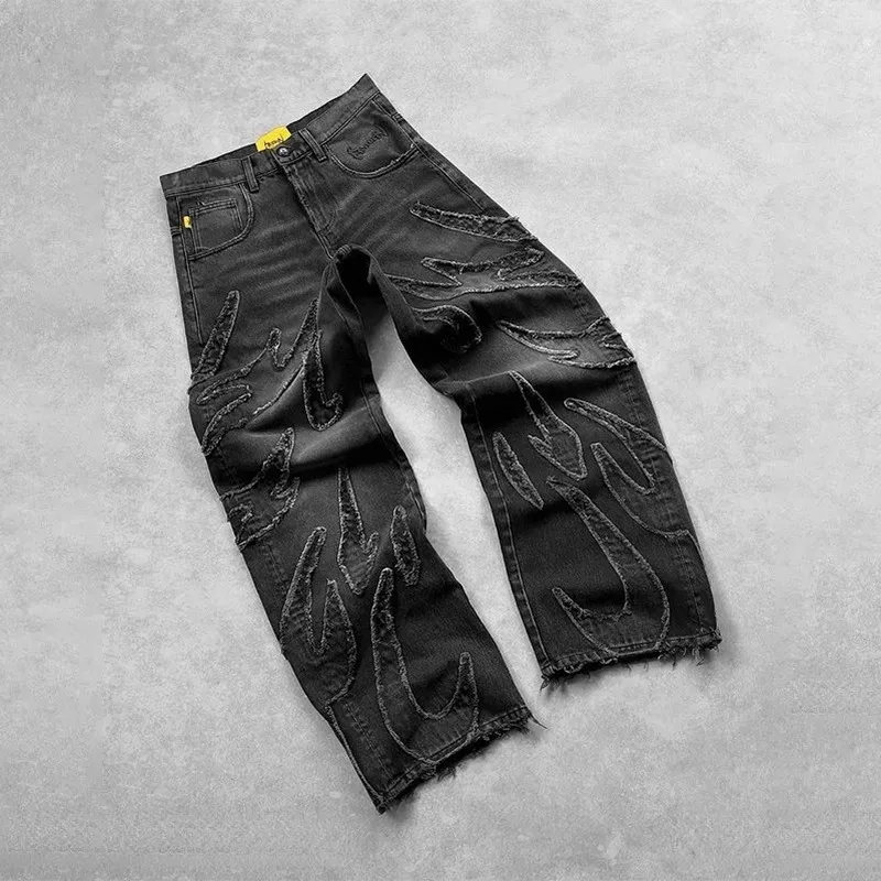 Men's Retro Leopard Print Wide Leg Jeans - Trendy High Street Loose Fit Straight Casual Long Pants for Streetwear showcase 20