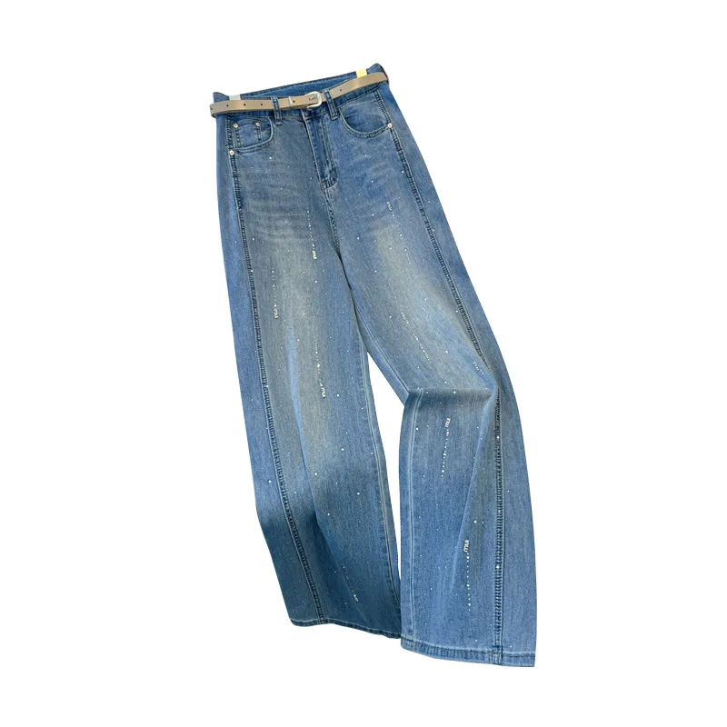 2026 New Women's Wide-Leg Jeans - Spring/Autumn Loose Fit Slimming Rhinestone Embellished Comfortable Drapey Straight-Leg Pants for Fashionable Style thumbnail 5