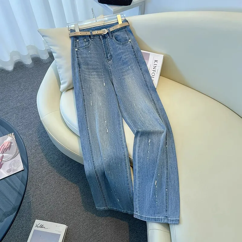 2026 New Women's Wide-Leg Jeans - Spring/Autumn Loose Fit Slimming Rhinestone Embellished Comfortable Drapey Straight-Leg Pants for Fashionable Style showcase 2