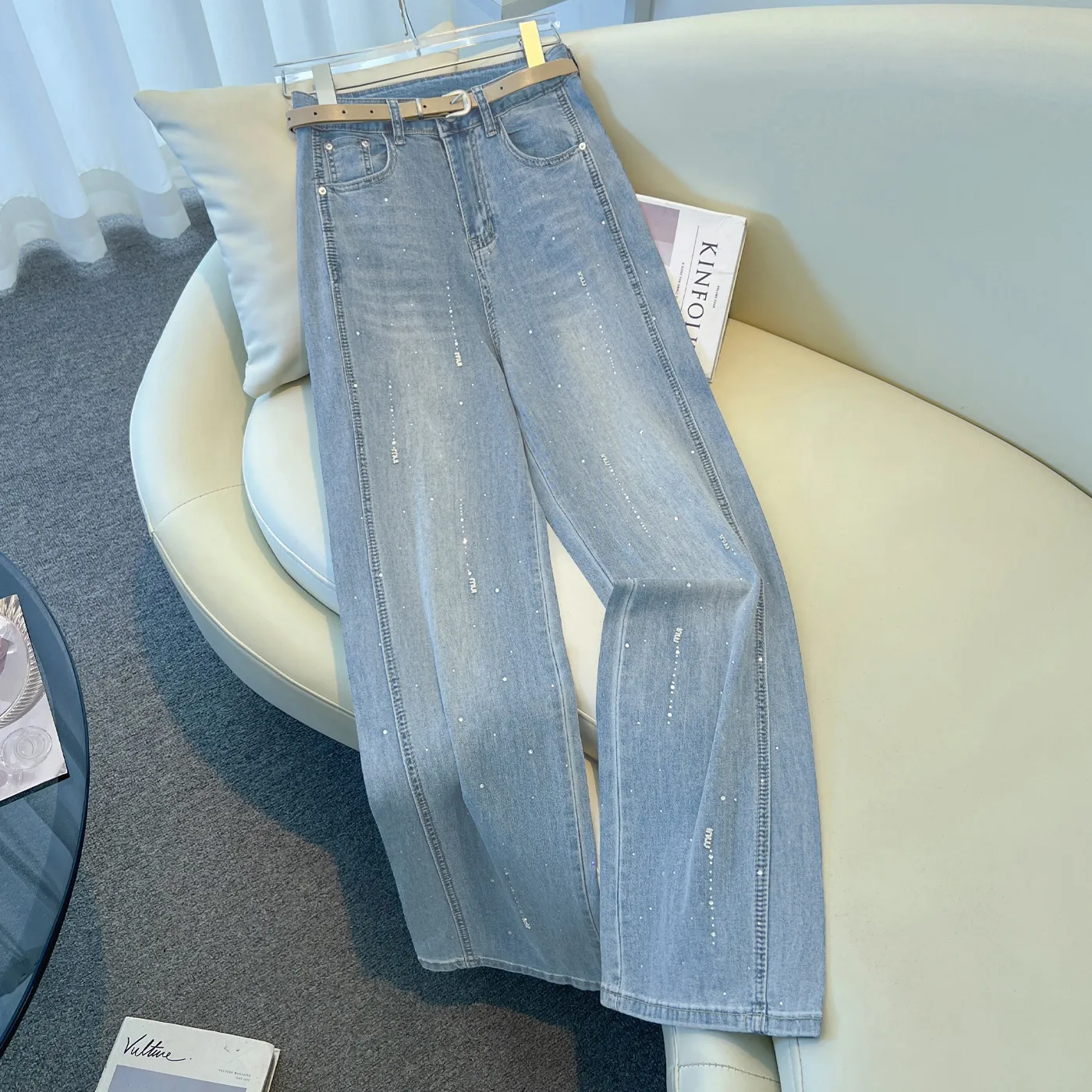 2026 New Women's Wide-Leg Jeans - Spring/Autumn Loose Fit Slimming Rhinestone Embellished Comfortable Drapey Straight-Leg Pants for Fashionable Style thumbnail 6