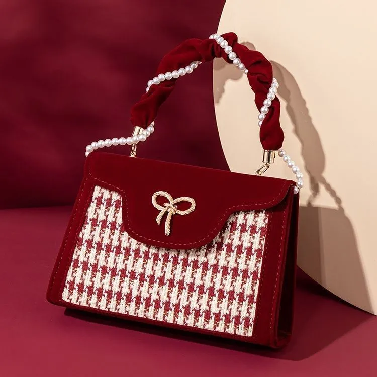 2025 New Retro Red Houndstooth Handbag for Women, Luxury Velvet Wedding Purse, Chic Top-Handle Bag, Elegant Evening Clutch, Fashionable Crossbody - Image 6