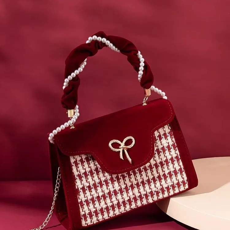 2025 New Retro Red Houndstooth Handbag for Women, Luxury Velvet Wedding Purse, Chic Top-Handle Bag, Elegant Evening Clutch, Fashionable Crossbody - Image 7