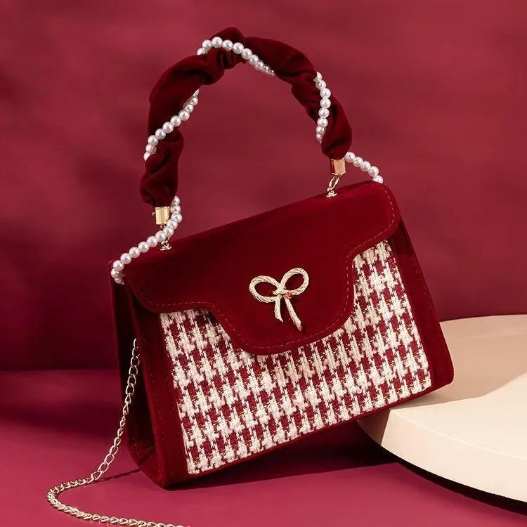 2025 New Retro Red Houndstooth Handbag for Women, Luxury Velvet Wedding Purse, Chic Top-Handle Bag, Elegant Evening Clutch, Fashionable Crossbody - Image 8
