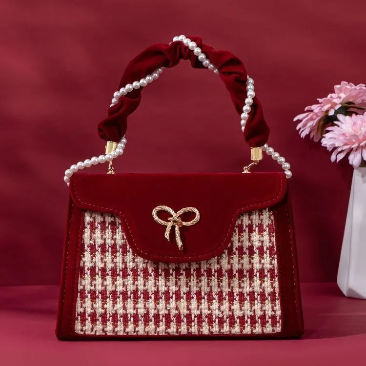 2025 New Retro Red Houndstooth Handbag for Women, Luxury Velvet Wedding Purse, Chic Top-Handle Bag, Elegant Evening Clutch, Fashionable Crossbody - Image 3