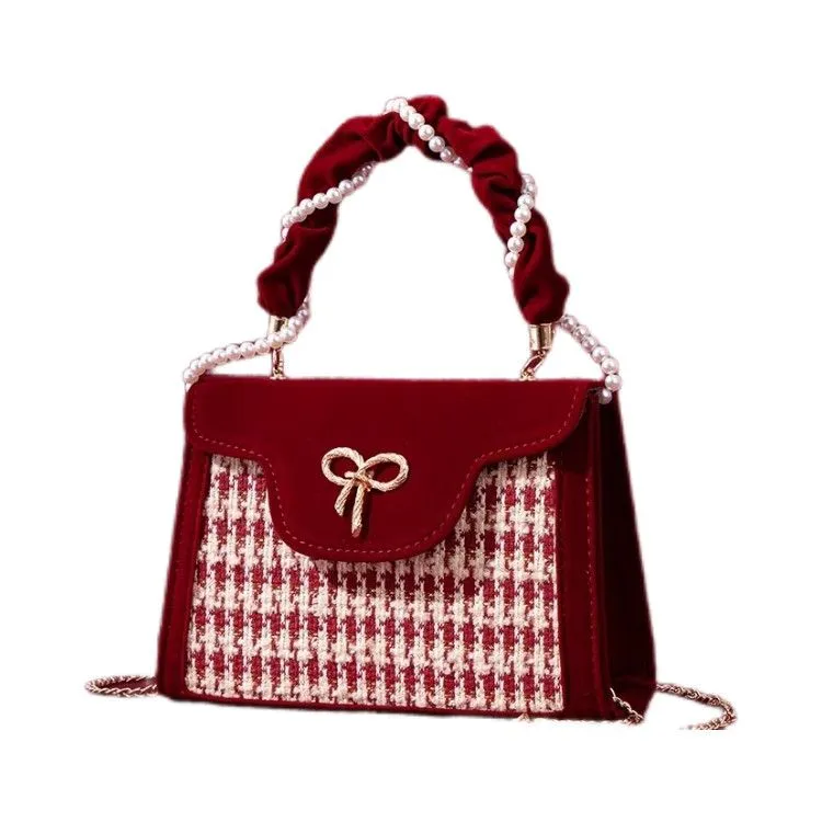 2025 New Retro Red Houndstooth Handbag for Women, Luxury Velvet Wedding Purse, Chic Top-Handle Bag, Elegant Evening Clutch, Fashionable Crossbody - Image 9