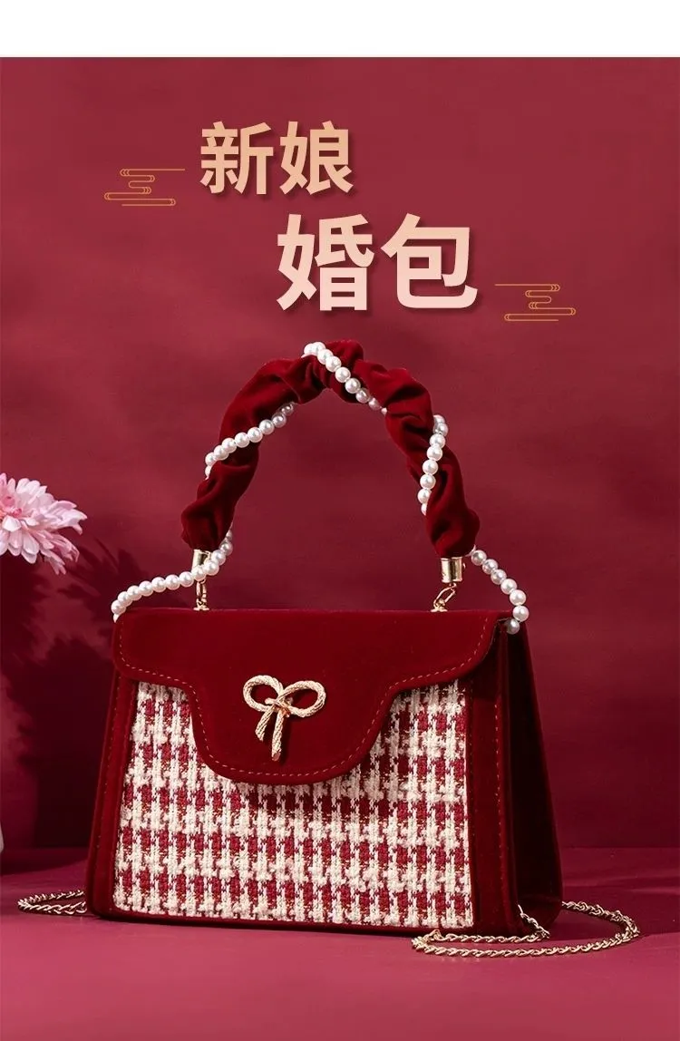 2025 New Retro Red Houndstooth Handbag for Women, Luxury Velvet Wedding Purse, Chic Top-Handle Bag, Elegant Evening Clutch, Fashionable Crossbody - Image 10