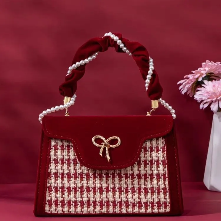 2025 New Retro Red Houndstooth Handbag for Women, Luxury Velvet Wedding Purse, Chic Top-Handle Bag, Elegant Evening Clutch, Fashionable Crossbody - Image 4