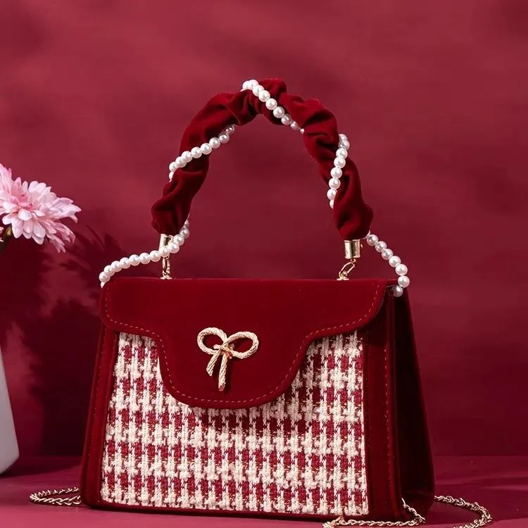 2025 New Retro Red Houndstooth Handbag for Women, Luxury Velvet Wedding Purse, Chic Top-Handle Bag, Elegant Evening Clutch, Fashionable Crossbody - Image 5