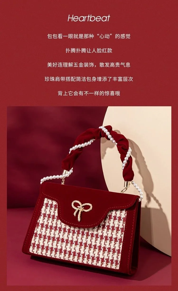 2025 New Retro Red Houndstooth Handbag for Women, Luxury Velvet Wedding Purse, Chic Top-Handle Bag, Elegant Evening Clutch, Fashionable Crossbody showcase 2