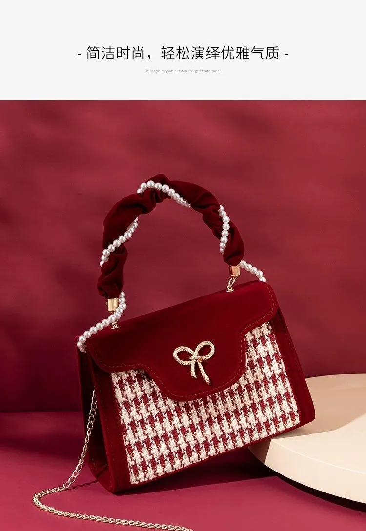 2025 New Retro Red Houndstooth Handbag for Women, Luxury Velvet Wedding Purse, Chic Top-Handle Bag, Elegant Evening Clutch, Fashionable Crossbody showcase 4