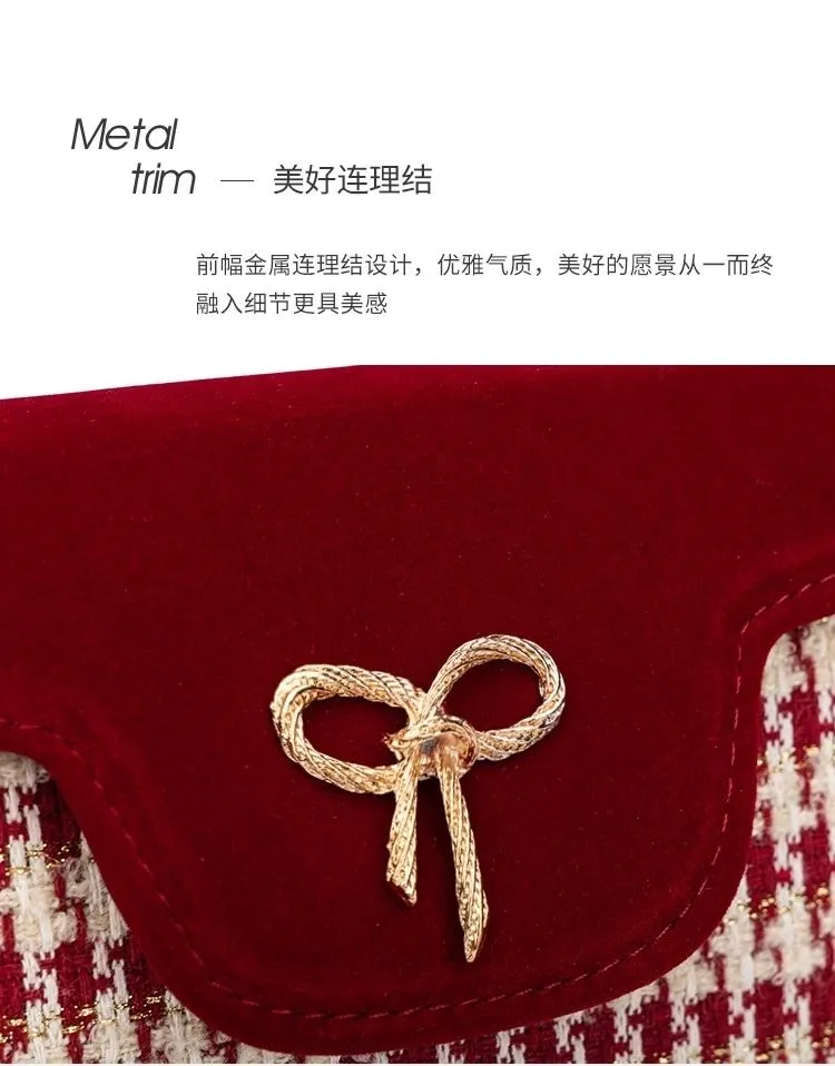 2025 New Retro Red Houndstooth Handbag for Women, Luxury Velvet Wedding Purse, Chic Top-Handle Bag, Elegant Evening Clutch, Fashionable Crossbody showcase 5