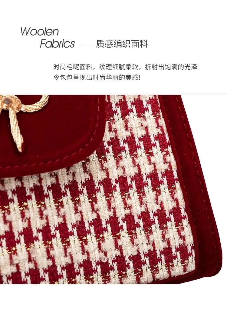 2025 New Retro Red Houndstooth Handbag for Women, Luxury Velvet Wedding Purse, Chic Top-Handle Bag, Elegant Evening Clutch, Fashionable Crossbody showcase 8