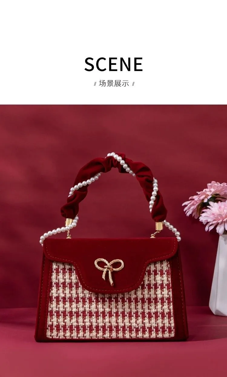 2025 New Retro Red Houndstooth Handbag for Women, Luxury Velvet Wedding Purse, Chic Top-Handle Bag, Elegant Evening Clutch, Fashionable Crossbody showcase 9