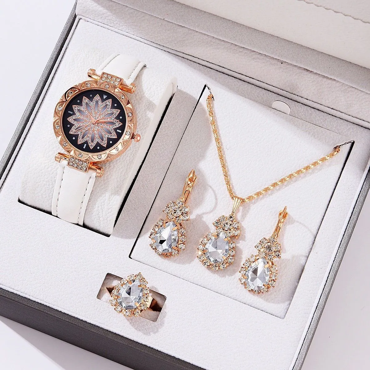 Women's Fashion Watch Jewelry Set 4-Piece Elegant Gift Box - Rhinestone Embellished Exquisite Creative Jewelry Set, Fast Shipping, No Returns Needed - Image 2