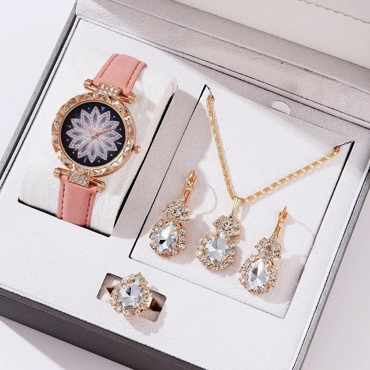 Women's Fashion Watch Jewelry Set 4-Piece Elegant Gift Box - Rhinestone Embellished Exquisite Creative Jewelry Set, Fast Shipping, No Returns Needed showcase 7