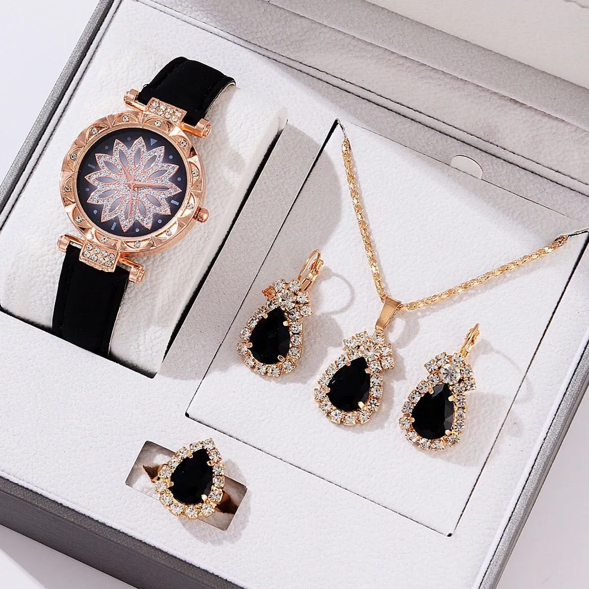 Women's Fashion Watch Jewelry Set 4-Piece Elegant Gift Box - Rhinestone Embellished Exquisite Creative Jewelry Set, Fast Shipping, No Returns Needed showcase 8