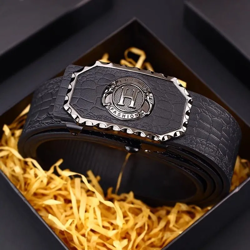 Men's Business Casual Automatic Buckle Belt with Carved Hollow Design, Thickened for Autumn/Winter, High-End Leather, Perfect for Trousers and Casual Wear, Durable and Stylish thumbnail 1
