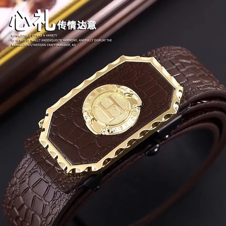 Men's Business Casual Automatic Buckle Belt with Carved Hollow Design, Thickened for Autumn/Winter, High-End Leather, Perfect for Trousers and Casual Wear, Durable and Stylish thumbnail 11