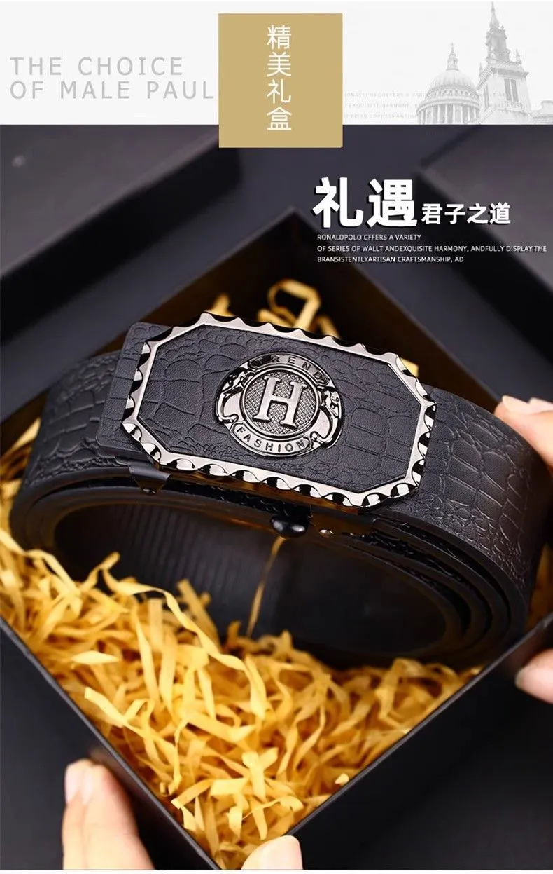 Men's Business Casual Automatic Buckle Belt with Carved Hollow Design, Thickened for Autumn/Winter, High-End Leather, Perfect for Trousers and Casual Wear, Durable and Stylish showcase 7