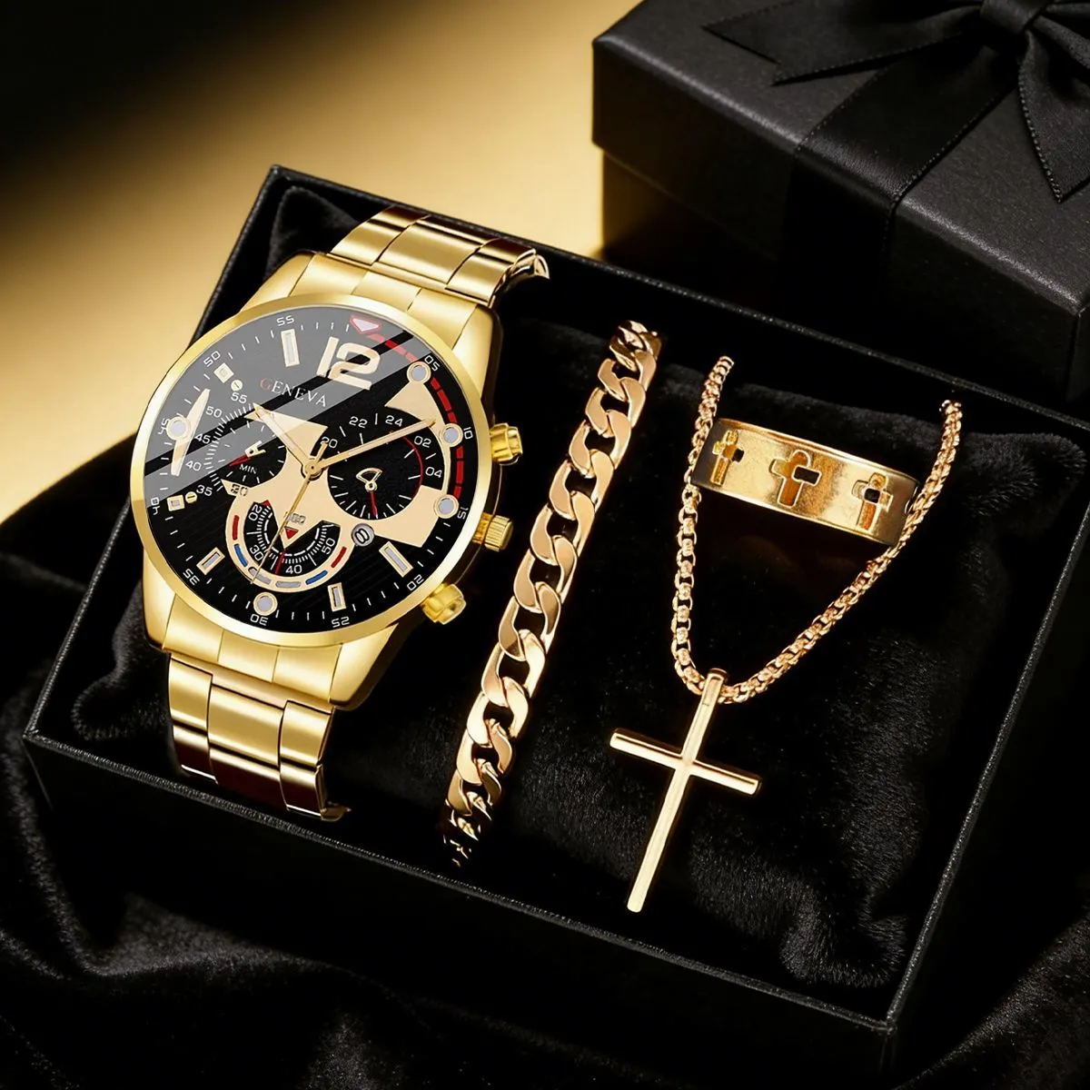 Classic Men's Fashion Business Waterproof Steel Band Quartz Watch Set with Bracelet and Cross Pendant - Elegant Gift for Him thumbnail 8