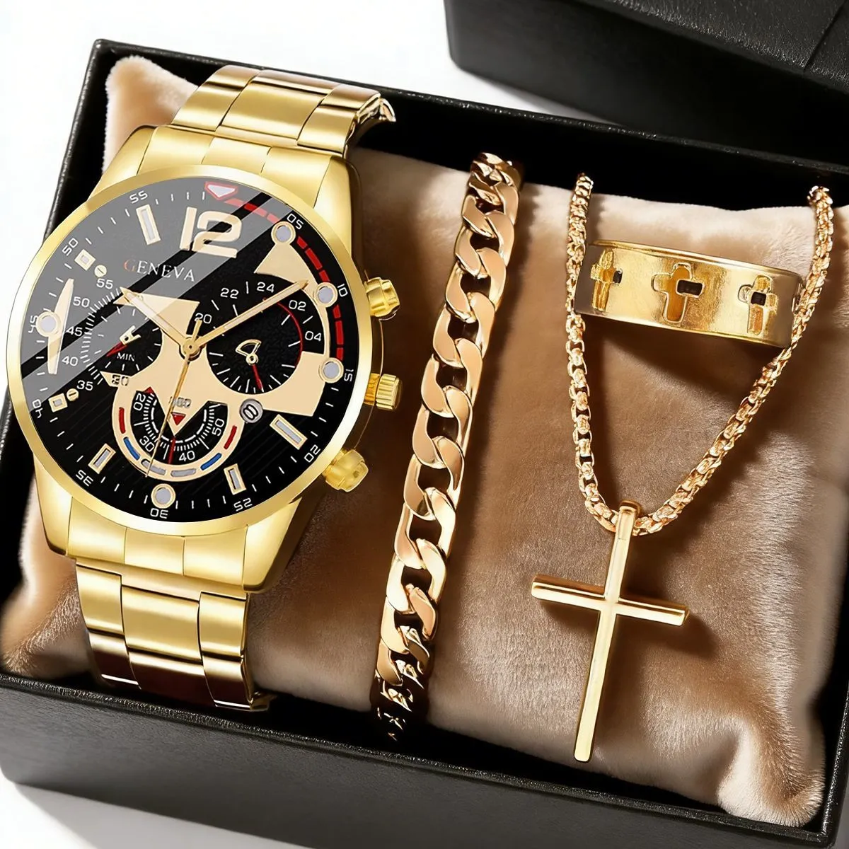 Classic Men's Fashion Business Waterproof Steel Band Quartz Watch Set with Bracelet and Cross Pendant - Elegant Gift for Him thumbnail 3