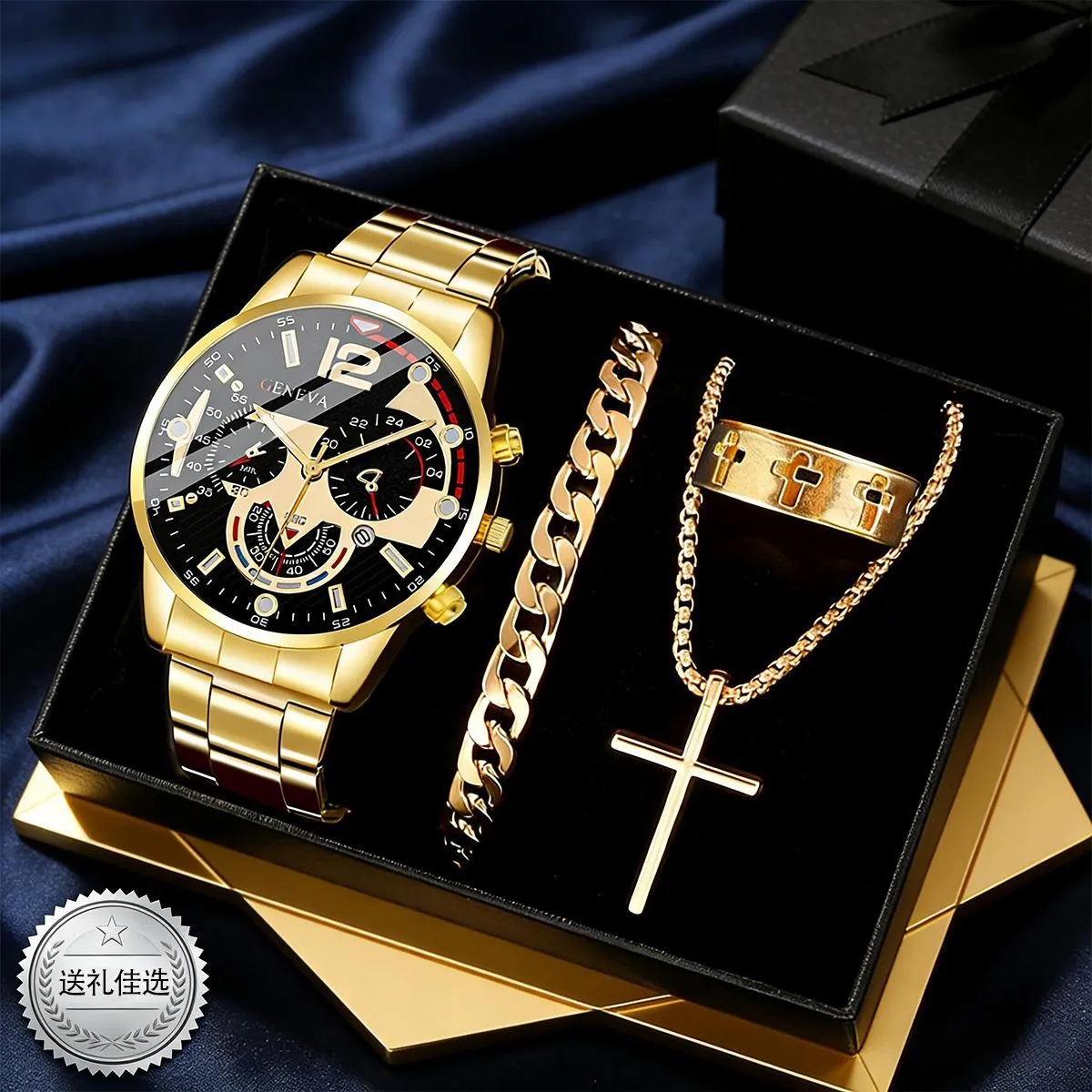 Classic Men's Fashion Business Waterproof Steel Band Quartz Watch Set with Bracelet and Cross Pendant - Elegant Gift for Him showcase 2
