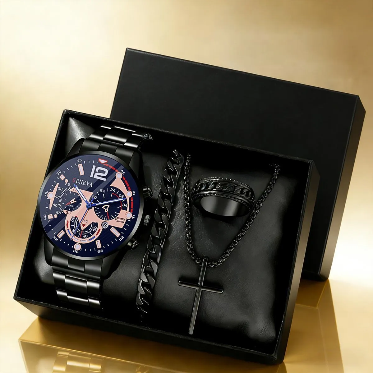 Classic Men's Fashion Business Waterproof Steel Band Quartz Watch Set with Bracelet and Cross Pendant - Elegant Gift for Him showcase 4
