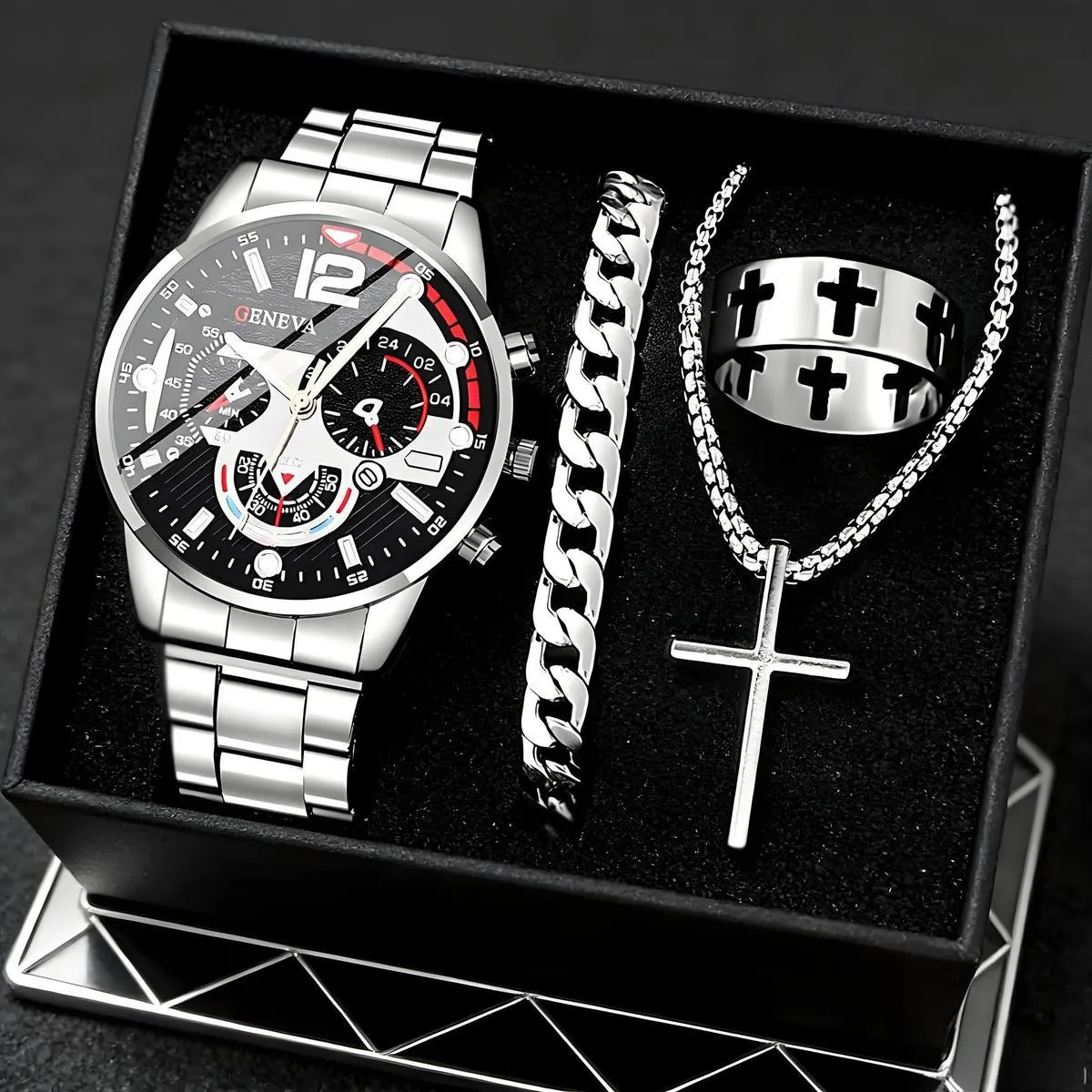 Classic Men's Fashion Business Waterproof Steel Band Quartz Watch Set with Bracelet and Cross Pendant - Elegant Gift for Him showcase 6