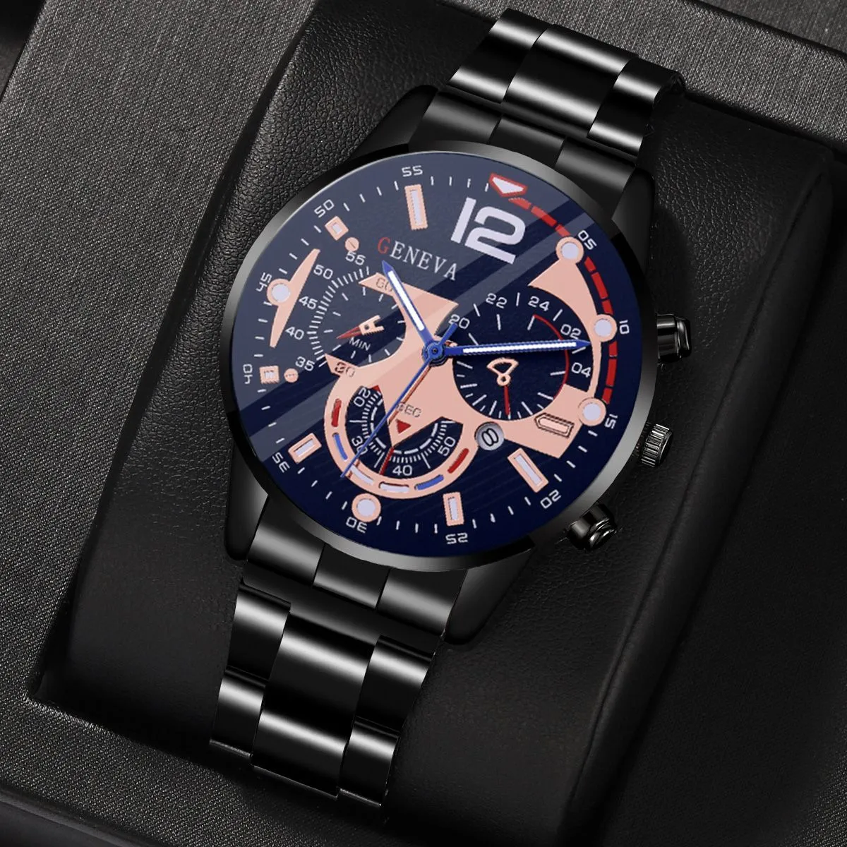 Classic Men's Fashion Business Waterproof Steel Band Quartz Watch Set with Bracelet and Cross Pendant - Elegant Gift for Him showcase 9