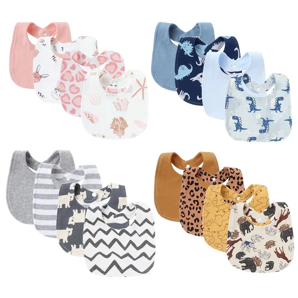 4Pcs Baby Bibs & Burp Cloths Set - Cute Cartoon Cotton Newborn Saliva Towels for Girls & Boys, Soft Infant Apron, Toddler Feeding Accessories thumbnail 1