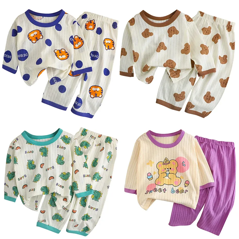 Kids Cartoon Bear Pajama Set - Soft Cotton Long Sleeve & Pants Sleepwear for Boys & Girls, Breathable AC Room Wear for Spring/Summer thumbnail 1