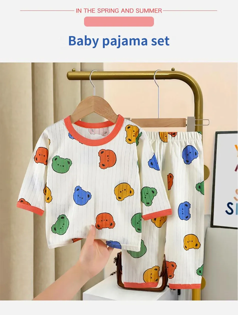 Kids Cartoon Bear Pajama Set - Soft Cotton Long Sleeve & Pants Sleepwear for Boys & Girls, Breathable AC Room Wear for Spring/Summer showcase 2