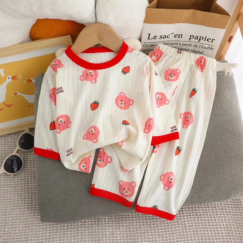 Kids Cartoon Bear Pajama Set - Soft Cotton Long Sleeve & Pants Sleepwear for Boys & Girls, Breathable AC Room Wear for Spring/Summer showcase 8