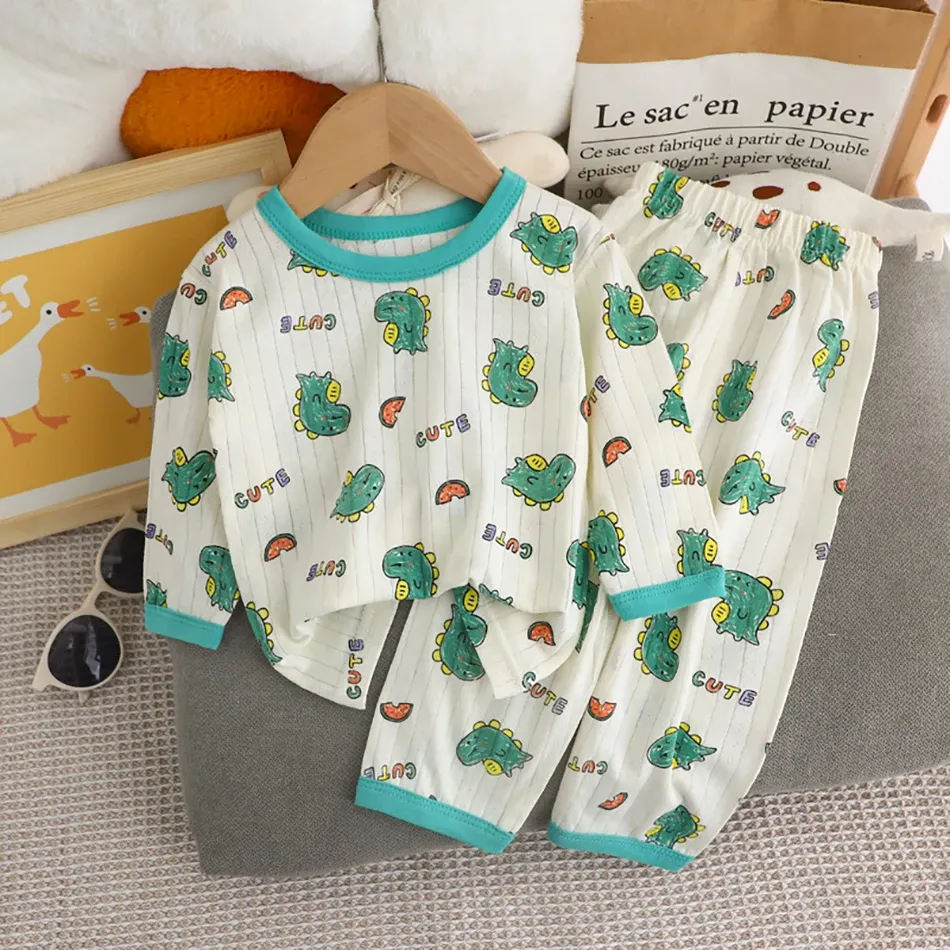 Kids Cartoon Bear Pajama Set - Soft Cotton Long Sleeve & Pants Sleepwear for Boys & Girls, Breathable AC Room Wear for Spring/Summer showcase 10