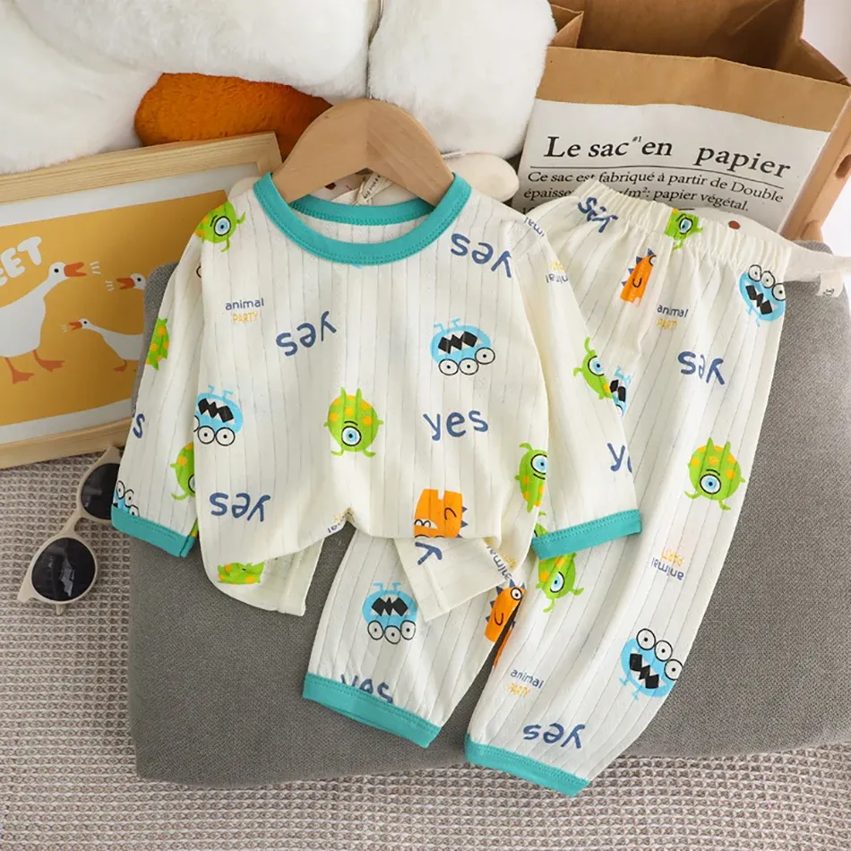 Kids Cartoon Bear Pajama Set - Soft Cotton Long Sleeve & Pants Sleepwear for Boys & Girls, Breathable AC Room Wear for Spring/Summer showcase 11